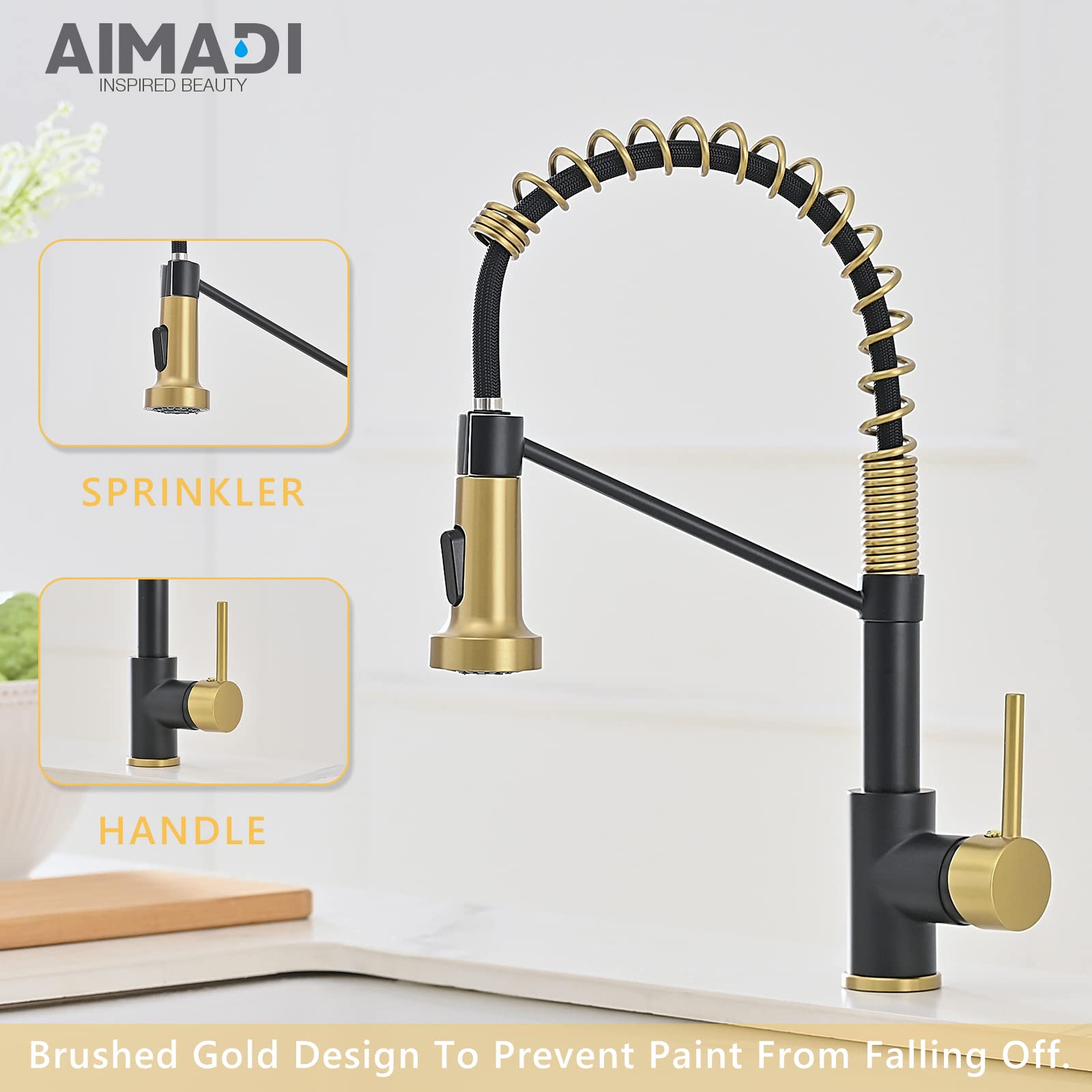 Aimadi Black Faucet Kitchen,Commercial Black Gold Kitchen Faucet Matte Black Modern Single Handle Kitchen Faucet With Pull Down